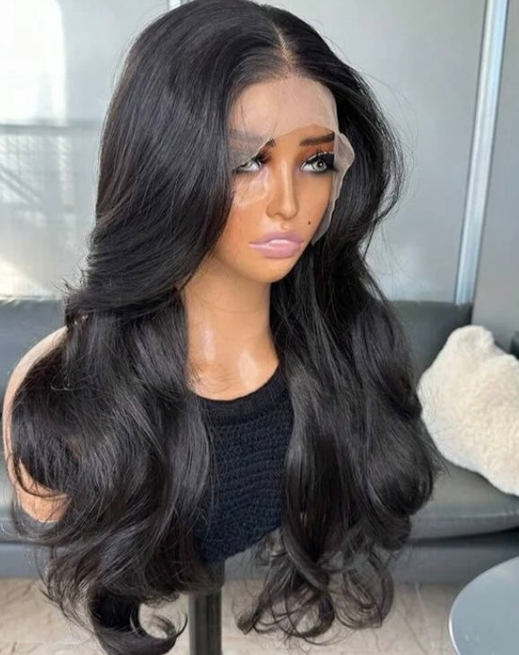 22" Natural Black Curtain Bangs Lace Front Wig (human blend) Success
